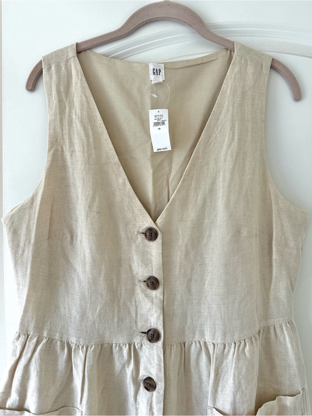 NEW Gap Linen Cotton Midi Sleeveless Button Dress Pockets 12 Tan Khaki Ivory LG - Picture 3 of 8